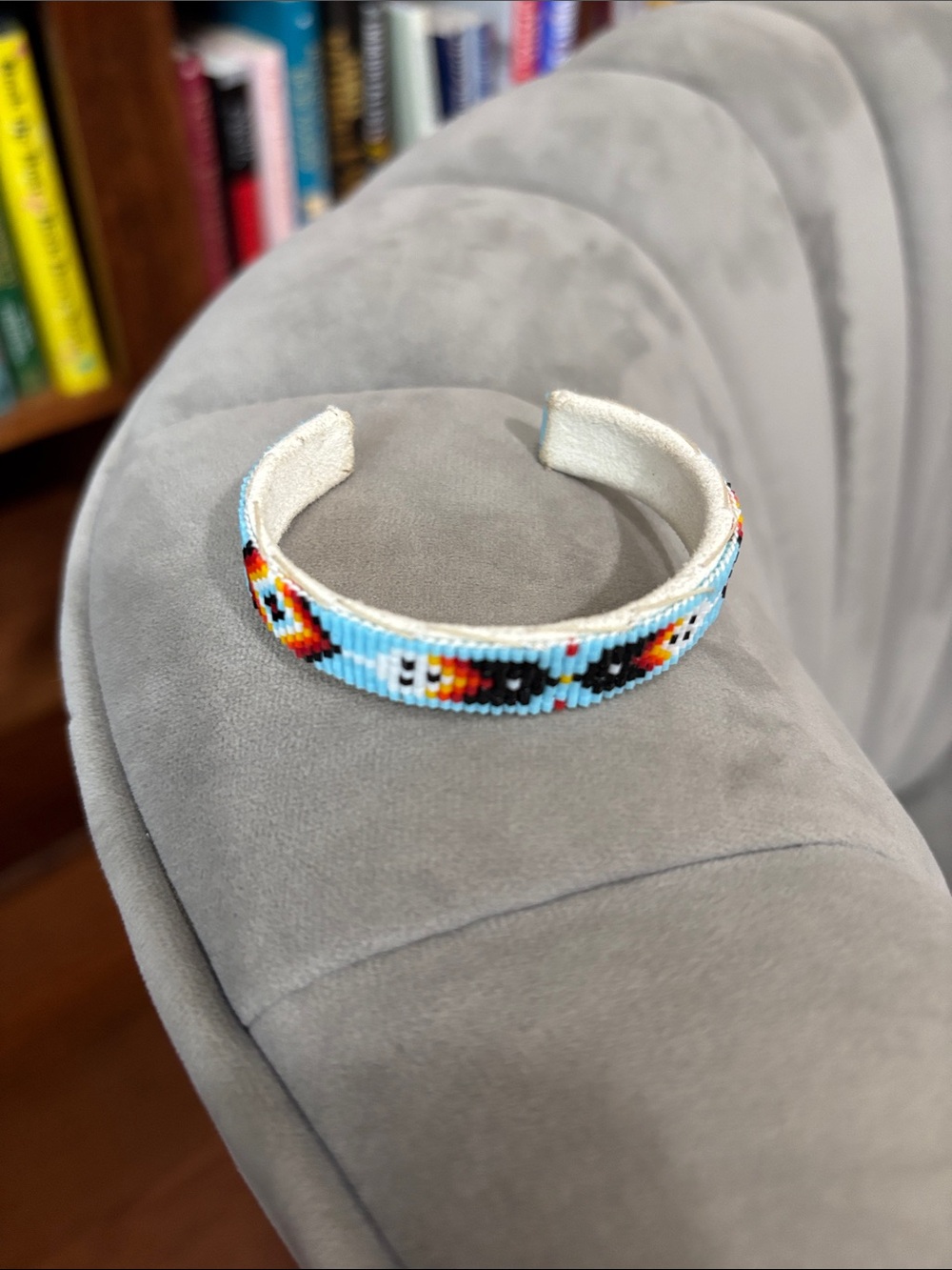 Light Blue Beaded Cuff Bracelet with Multicolor Pattern